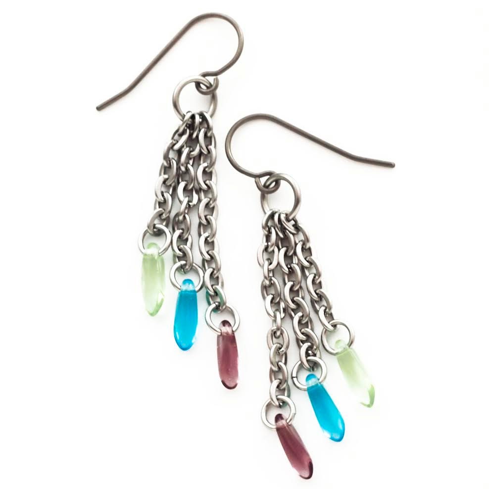 Trish Earrings in Stainless Steel and Multi-Color Dagger Beads