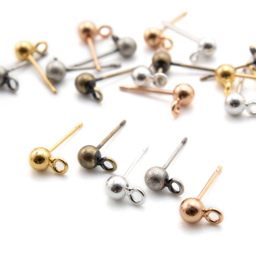 4 Pairs 4mm Ball Ear Posts with 1.5mm Loops in Silver Plate, Gold Plate, Rose Gold, Antique Gold, Antique Silver with Optional Ear Backs