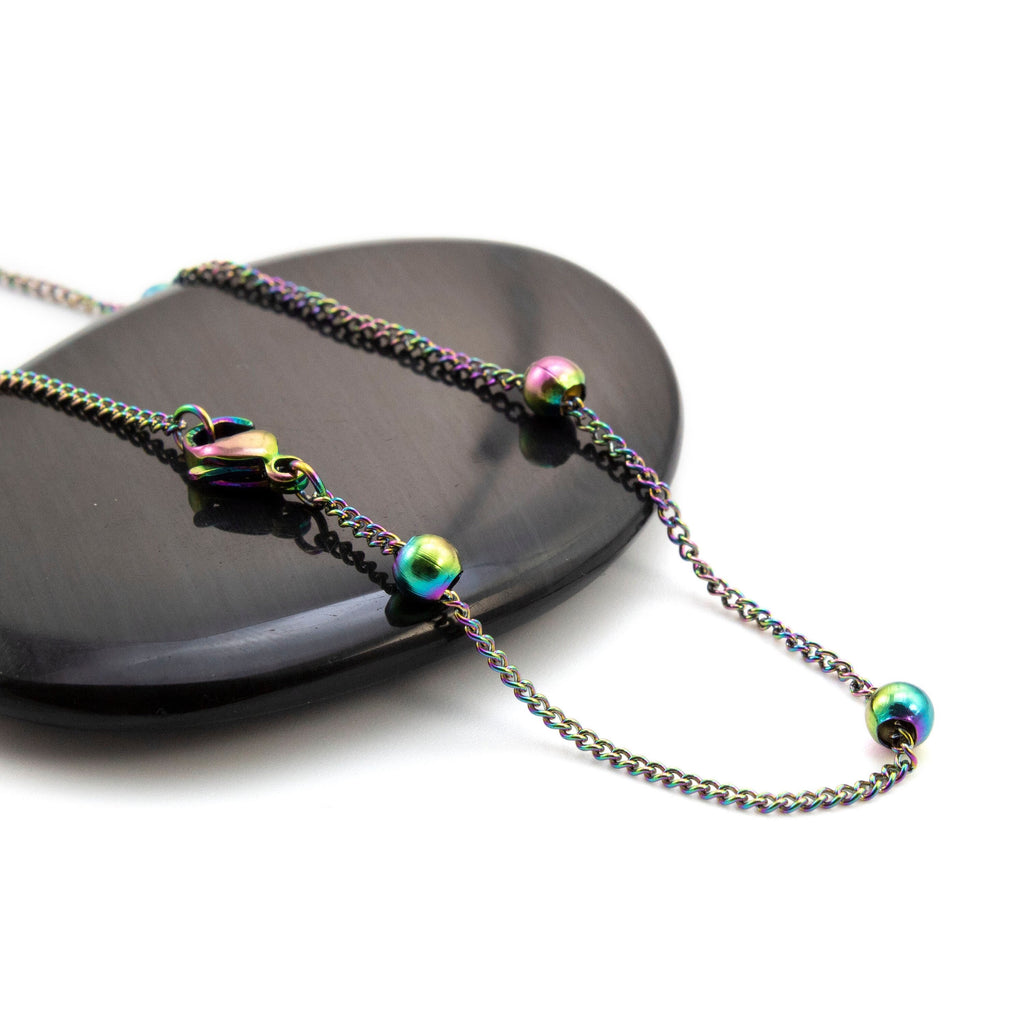1.4mm Curb Chain with Round Beads in Rainbow Anodized Surgical Steel - By the Foot or Finished Necklace