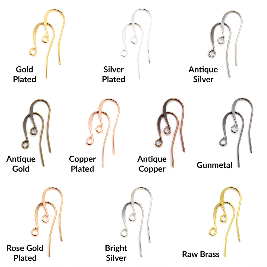 18 Pairs Slope Ear Wires - Gold, Silver, Rose Gold, Antique Silver, Antique Gold, Copper, Antique Copper, Gunmetal, Bright Silver