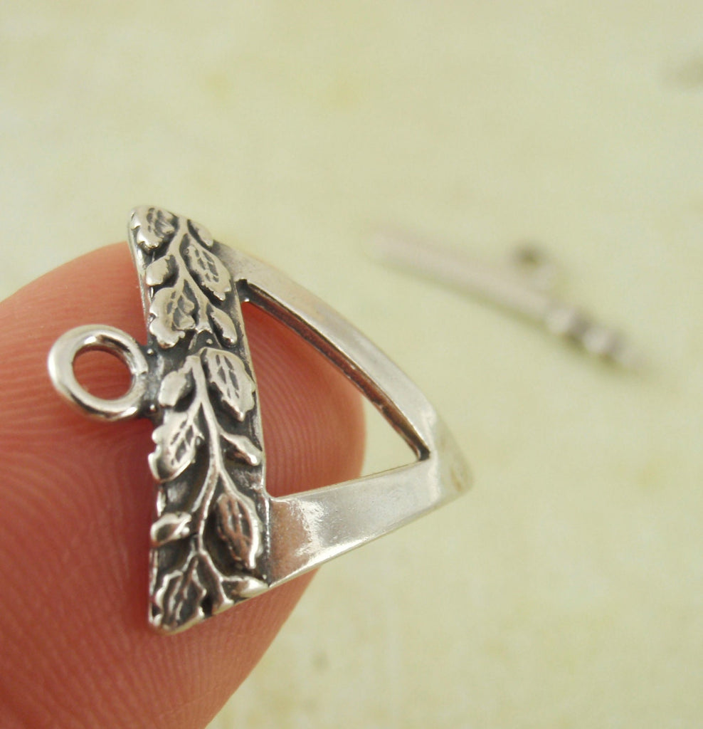 1 Antiqued Sterling Silver Clasp - Triangle with Leaf Relief - 16mm X 15mm