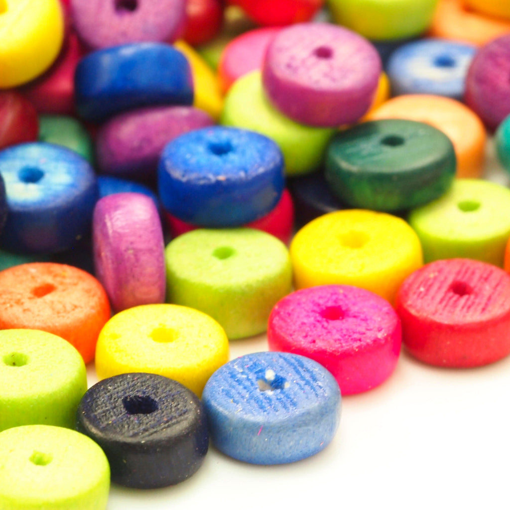 50 8mm Rondelle Wooden Beads Eco-Friendly - Red, Orange, Yellow, Blue, Green, Purple, Silver, Gold, Brown, Black, Grey, White, Pink & Mixes