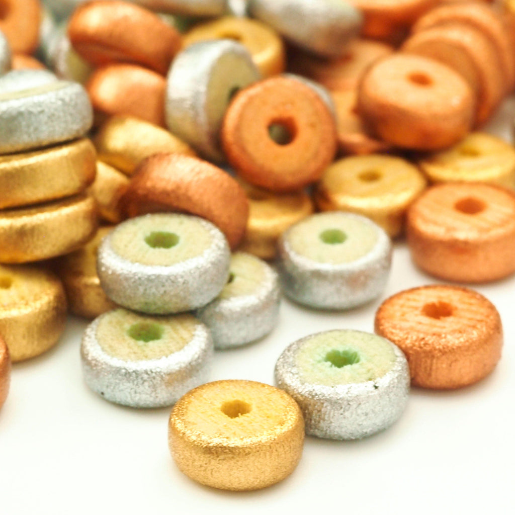 50 8mm Rondelle Wooden Beads Eco-Friendly - Red, Orange, Yellow, Blue, Green, Purple, Silver, Gold, Brown, Black, Grey, White, Pink & Mixes