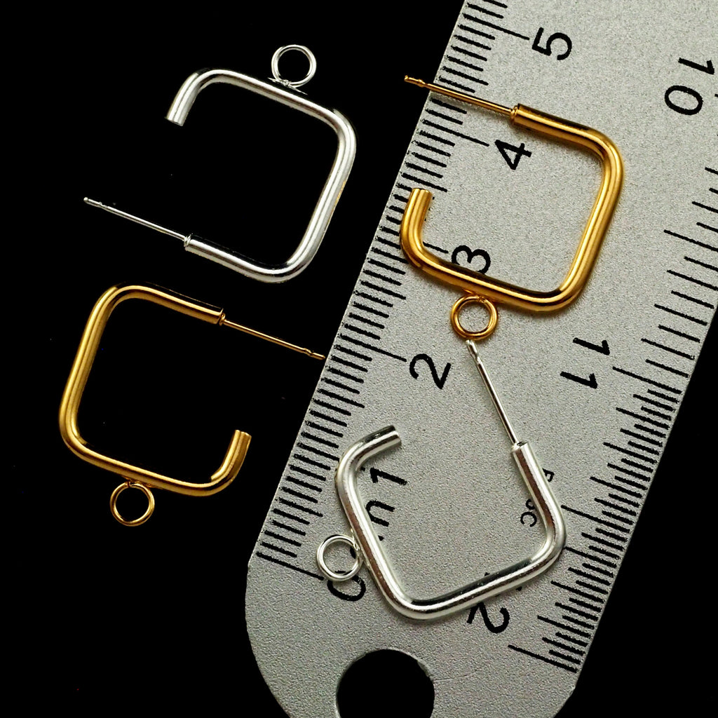 2 Pairs Square Hoops with Loops in Silver Plate and Gold Plate 17mm