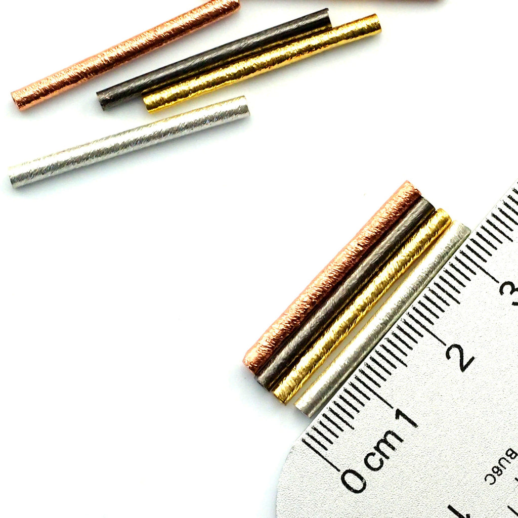 4 Long Textured Tube Beads - Copper, Silver, Gold and Gunmetal - 30mm X 2.5mm