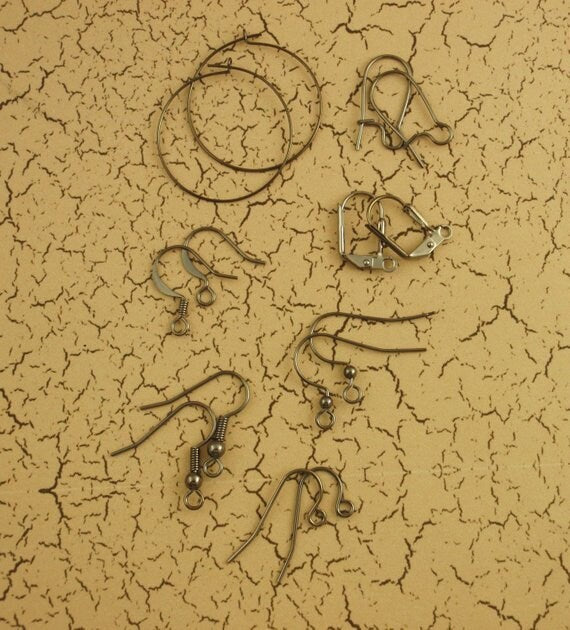 Ear Wires 50 Pairs Sample Pack of Lever Backs, Hoops, French and Kidney in Gold Plate, Silver Plate, Copper, Gunmetal or Antique Gold