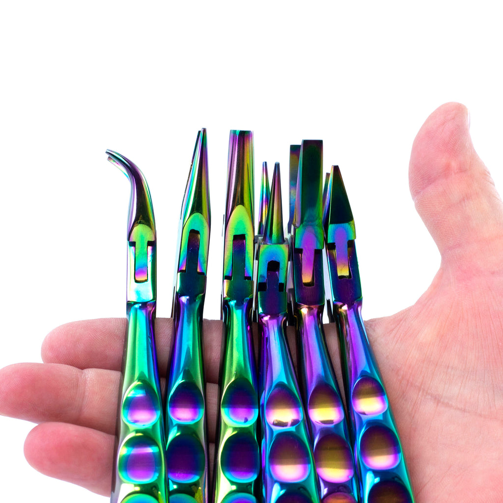 Professional Jewelry Pliers in Chroma Peacock Set, Flat Nose, Chain Nose, Round Nose, Bent Nose, Side Cutter - Niobium Wire Sample Included