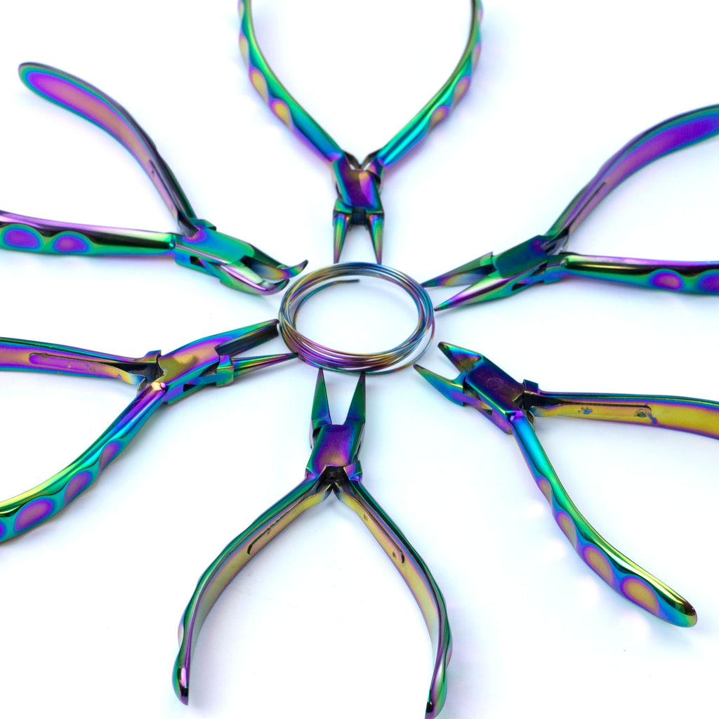 Professional Jewelry Pliers in Chroma Peacock Set, Flat Nose, Chain Nose, Round Nose, Bent Nose, Side Cutter - Niobium Wire Sample Included