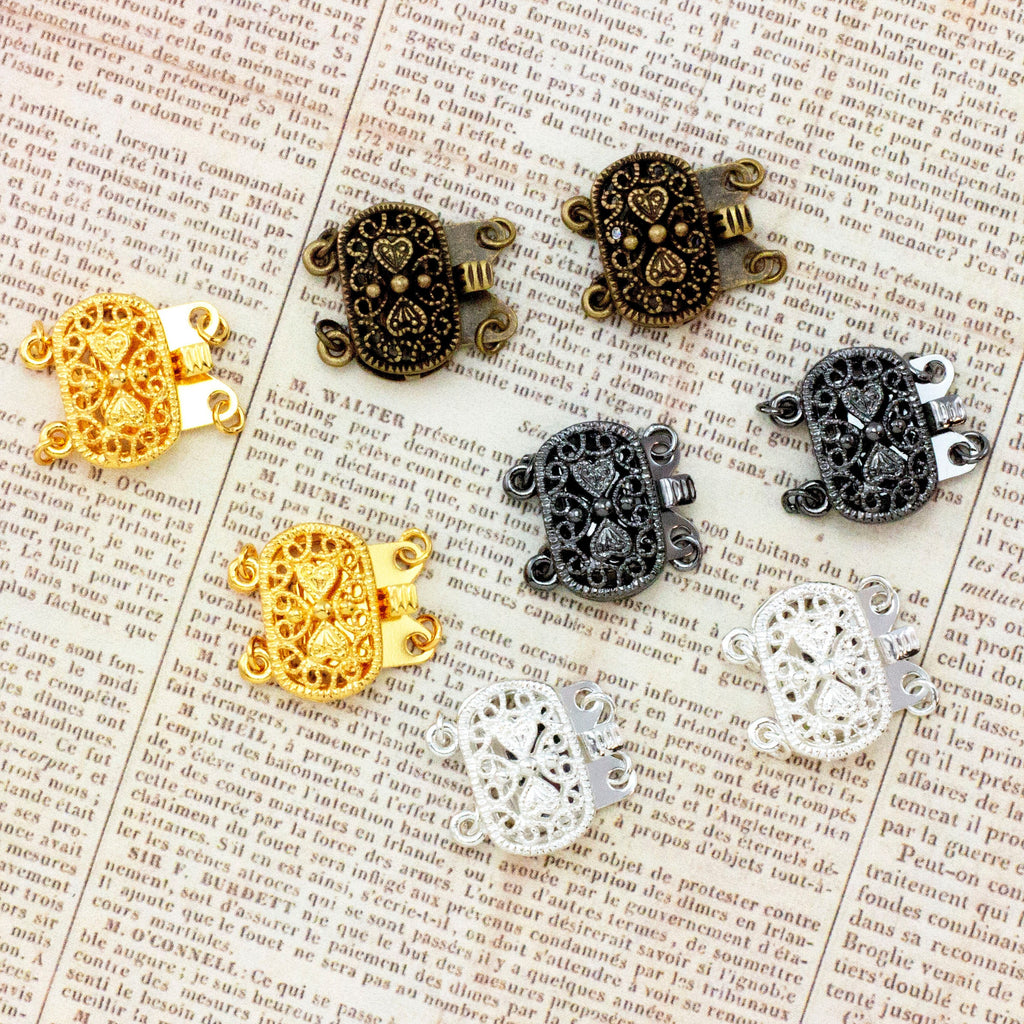 2 Strand Elegant Filigree Box Clasp - Gold Plate. Silver Plate. Gunmetal, Antique Gold, and Antique Silver
