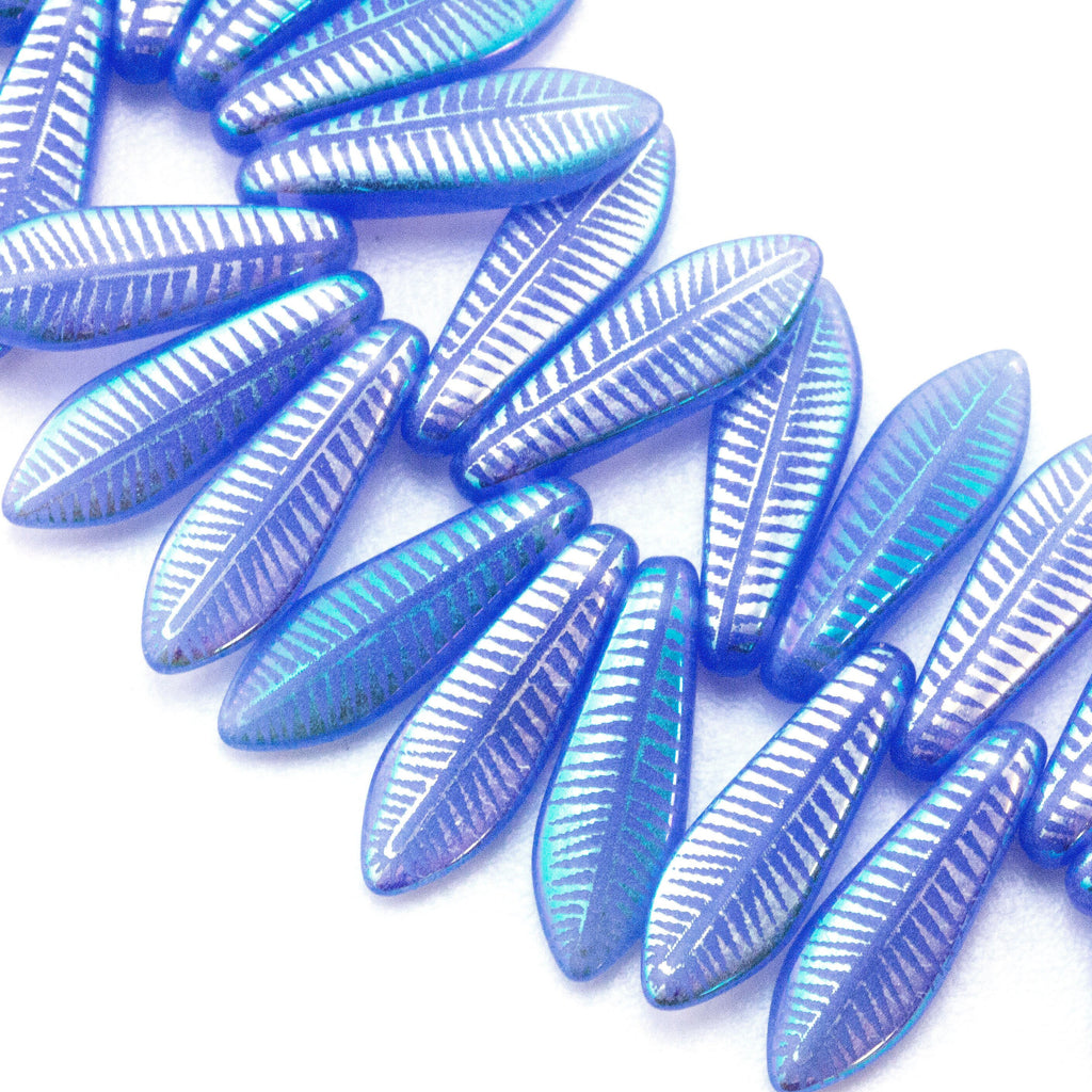 Clearance Sale 20 Blue Opal Laser Tattoo Feather Beads - 16mm X 5mm Czech Pressed Glass - Clearance Sale