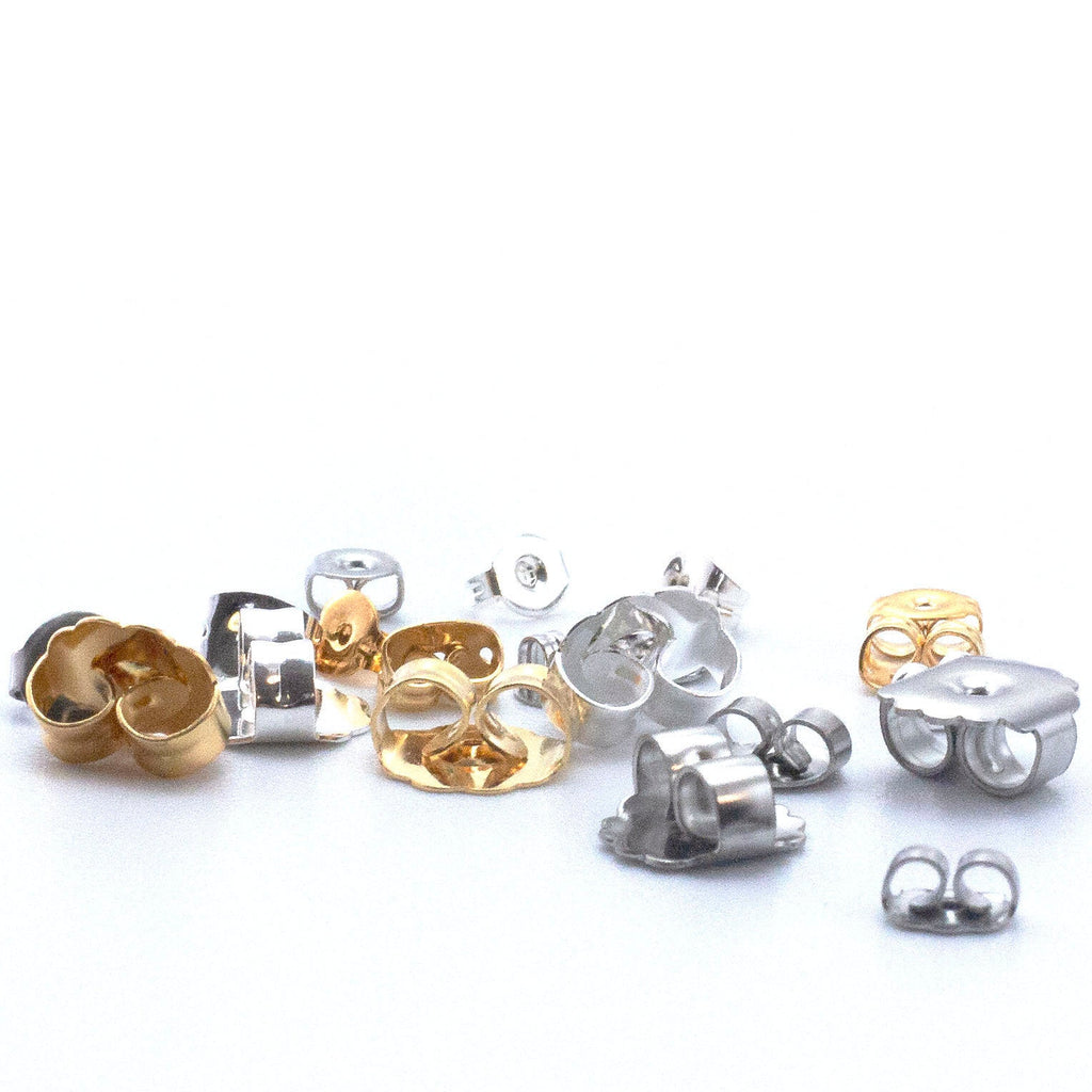 20 Pairs Hypoallergenic Surgical Steel Ear Nuts, Backs, Clutches - Small, Medium or Large - Natural Silver, Gold Plate, Silver Plate