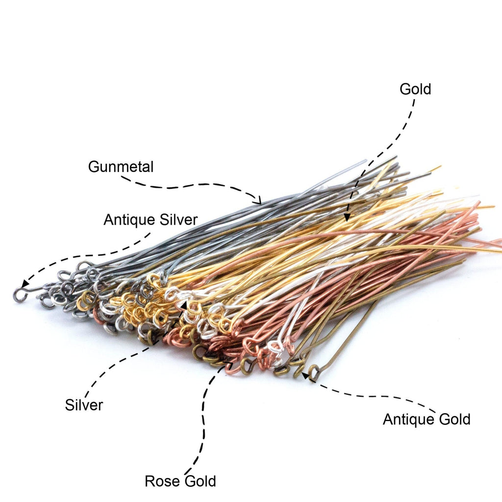 100 Eye Pins - Best Commercial Choice in Gold Plate, Silver Plate, Antique Gold, Antique Silver, Gunmetal in 21 and 24 gauge