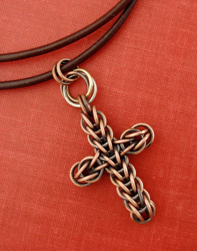 Kit Old Rugged Cross Pendant or Necklace in Solid Oxidized Copper - Full Persian Intermediate Chainmaille Jewelry Creating - Size Medium