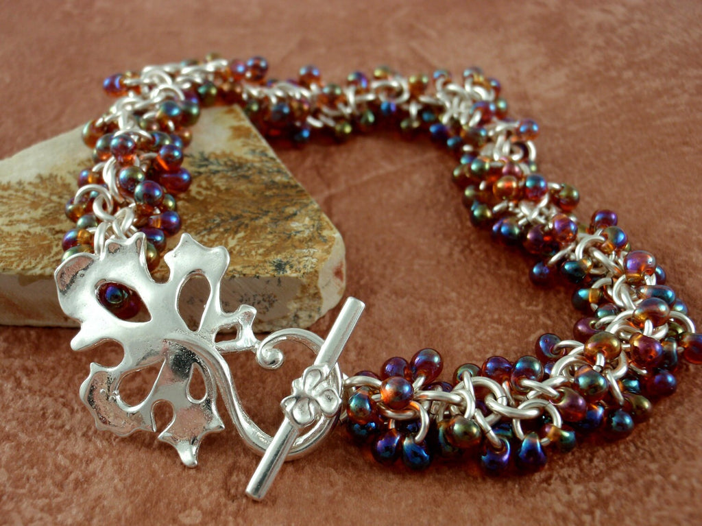 Kit Beaded Bracelet in Sterling Silver and Autumn Hues - Beginners Chainmaille Jewelry Creating
