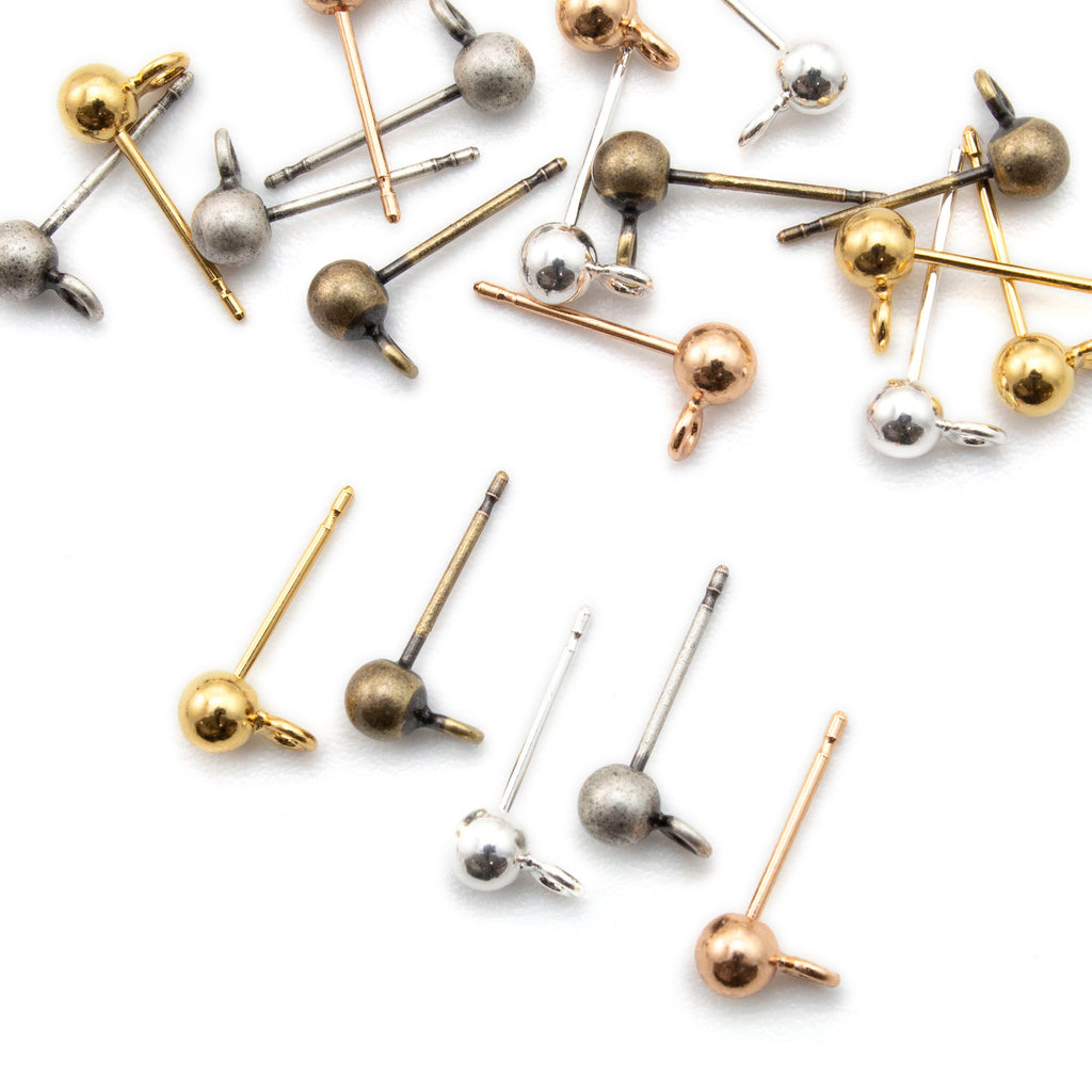 4 Pairs 4mm Ball Ear Posts with 1.5mm Loops in Silver Plate, Rose Gold, Antique Gold, Antique Silver with Optional Ear Backs