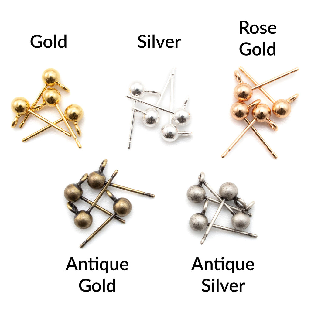 4 Pairs 4mm Ball Ear Posts with 1.5mm Loops in Silver Plate, Rose Gold, Antique Gold, Antique Silver with Optional Ear Backs