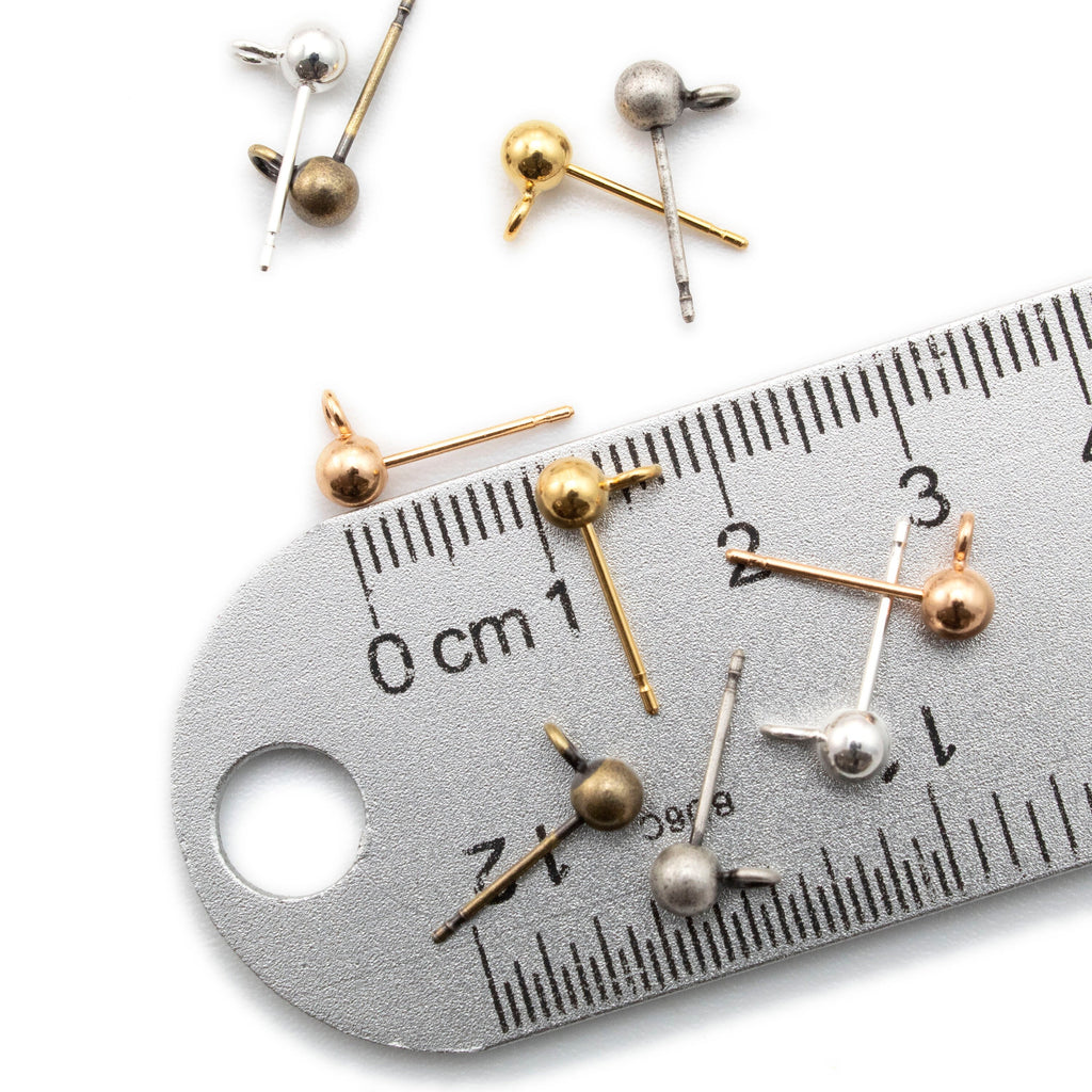 4 Pairs 4mm Ball Ear Posts with 1.5mm Loops in Silver Plate, Rose Gold, Antique Gold, Antique Silver with Optional Ear Backs