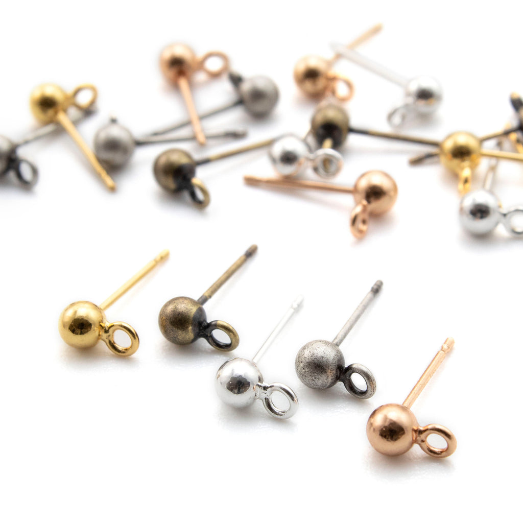 4 Pairs 4mm Ball Ear Posts with 1.5mm Loops in Silver Plate, Rose Gold, Antique Gold, Antique Silver with Optional Ear Backs