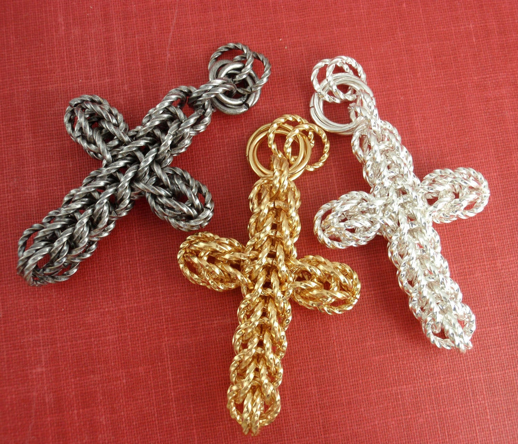 Kit Sparkling Chainmaille Cross Pendant Silver Plate, Gold Plate or Full Persian Intermediate Jewelry Weave