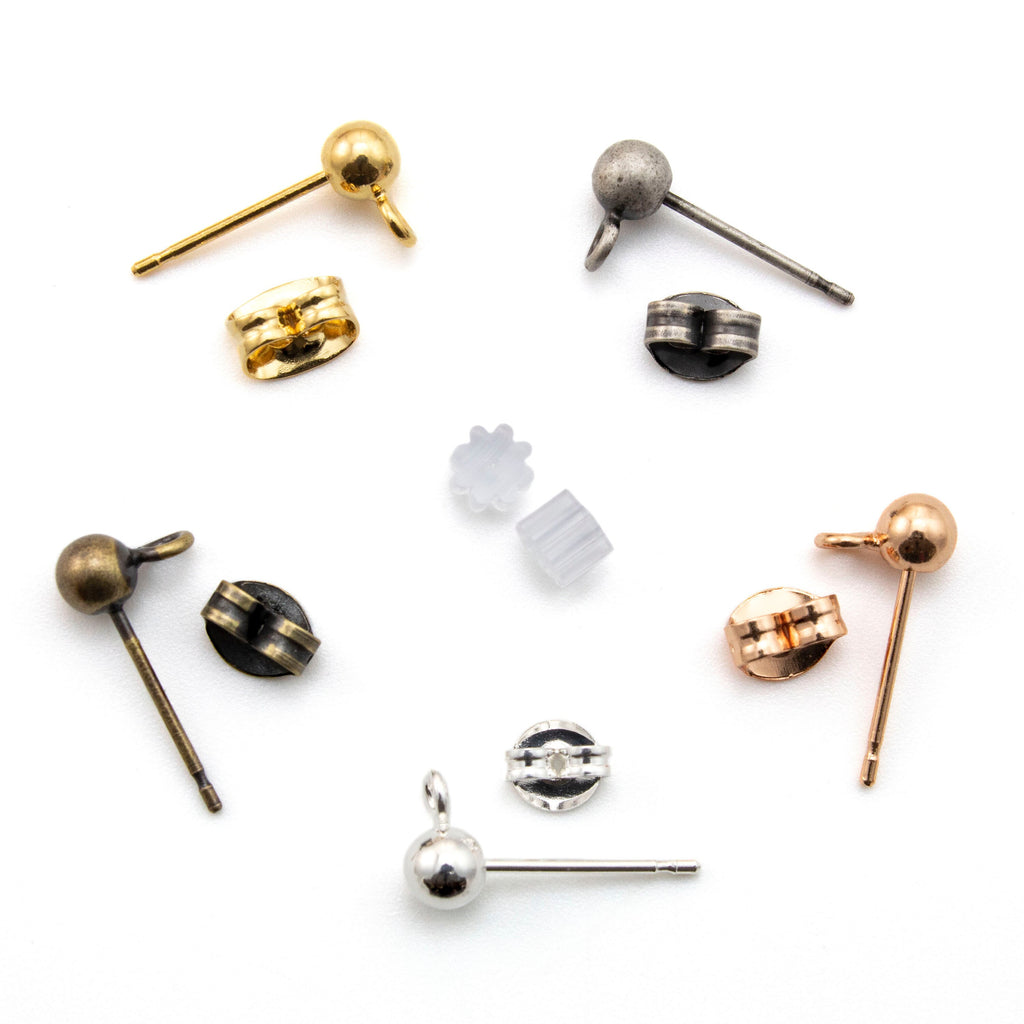 4 Pairs 4mm Ball Ear Posts with 1.5mm Loops in Silver Plate, Rose Gold, Antique Gold, Antique Silver with Optional Ear Backs