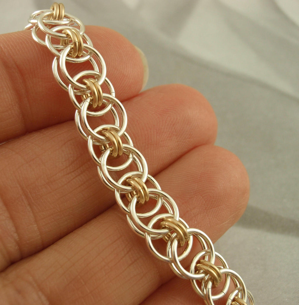 Kit Petite Bracelet Argentium Sterling Silver Helm Weave 14kt Gold Filled Accents Beginner Chainmaille Jewelry Creating
