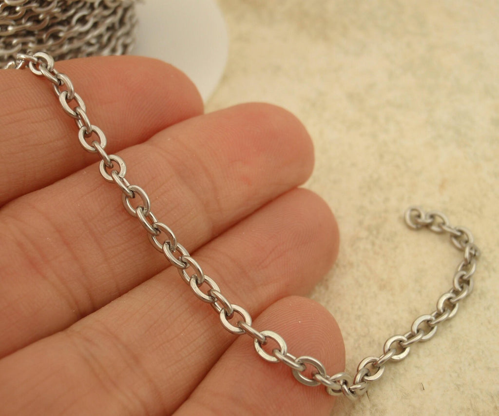 Stainless Steel 3.3mm Links -316L - Top Shelf - By the Foot or Finished - Flat Oval Cable - Made in the USA Chain