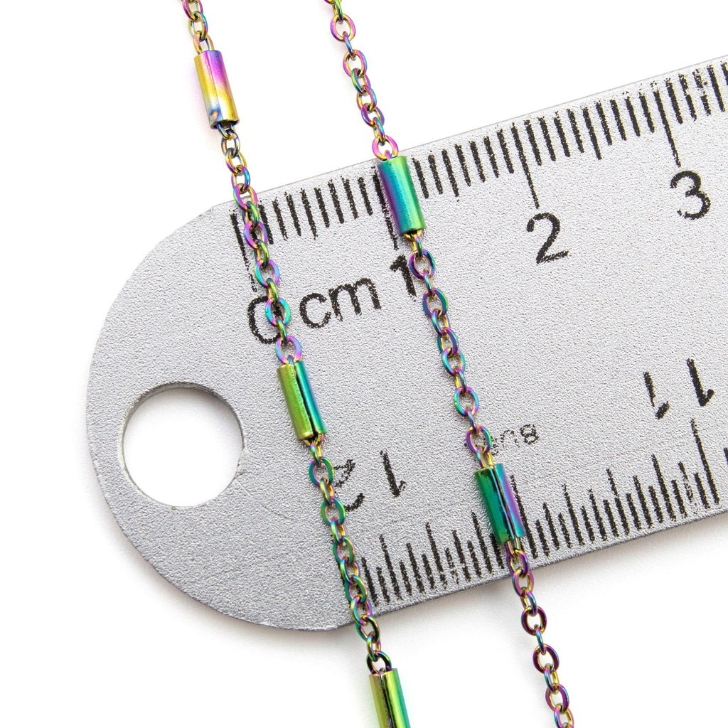 2mm Cable Chain with Tube Beads in Rainbow Anodized Surgical Steel - By the Foot or Finished Necklace