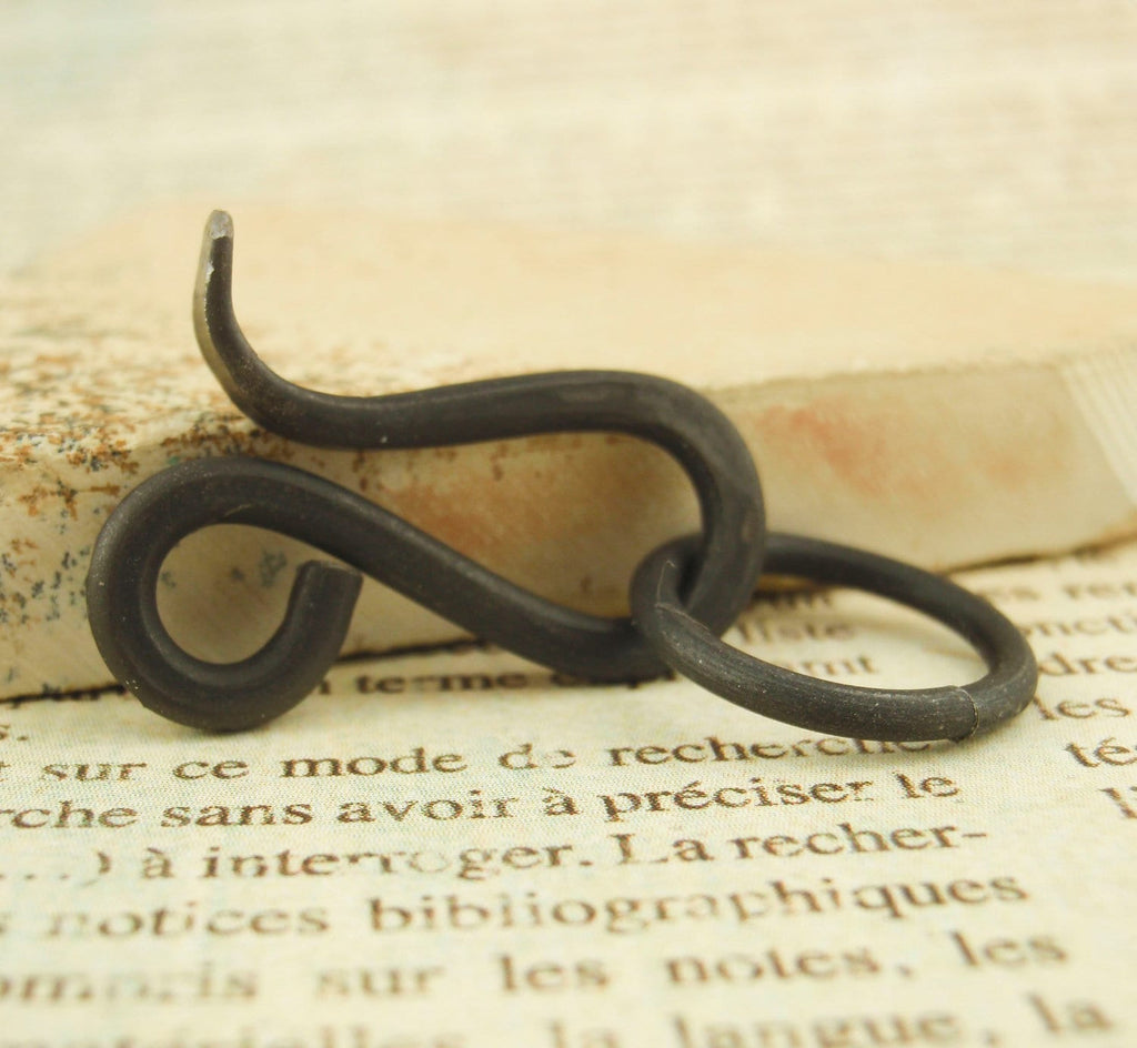 1 Large Hand Forged Black Iron Hook Clasp With Jump Rings - 21mm X 12mm