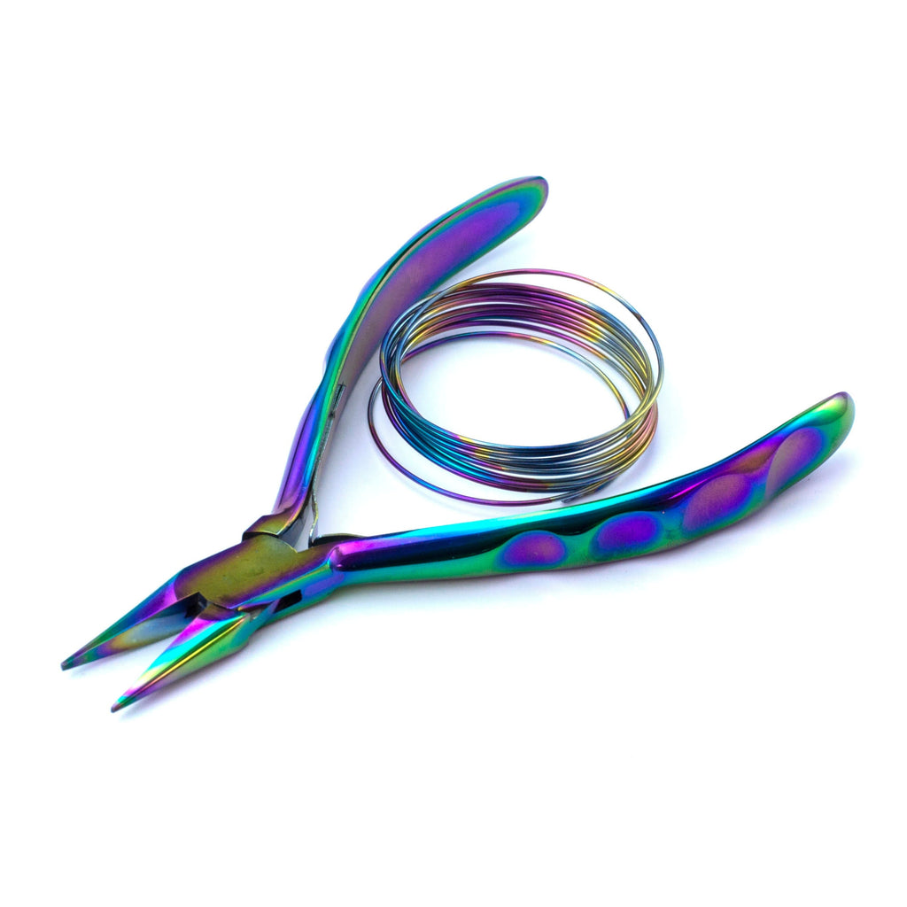 Professional Jewelry Pliers in Chroma Peacock Set, Flat Nose, Chain Nose, Round Nose, Bent Nose, Side Cutter - Niobium Wire Sample Included