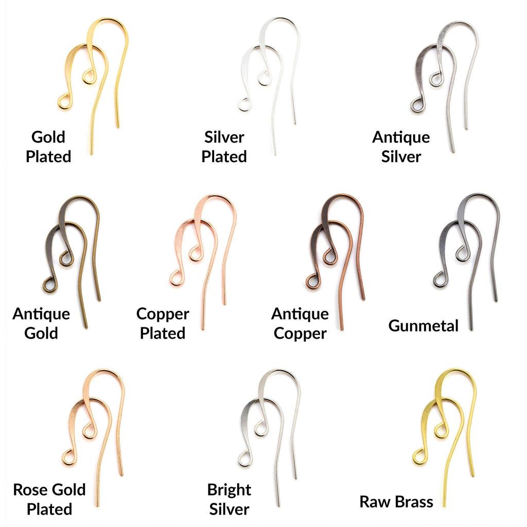 18 Pairs Slope Ear Wires - Gold, Silver, Rose Gold, Antique Silver, Antique Gold, Copper, Antique Copper, Gunmetal, Bright Silver