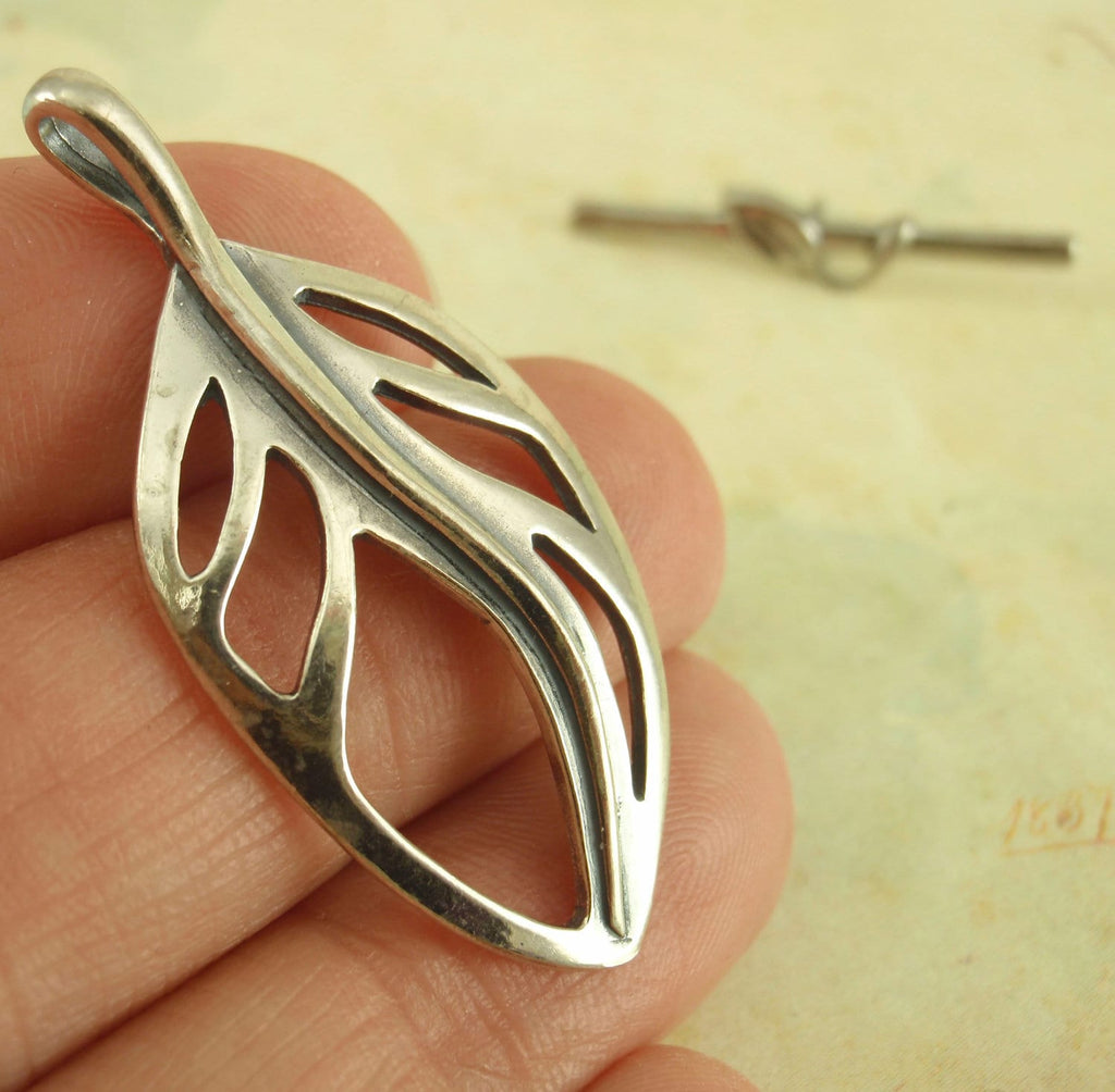 1 Sterling Silver Leaf Clasp - Unique Toggle - Large 40mm X 18mm