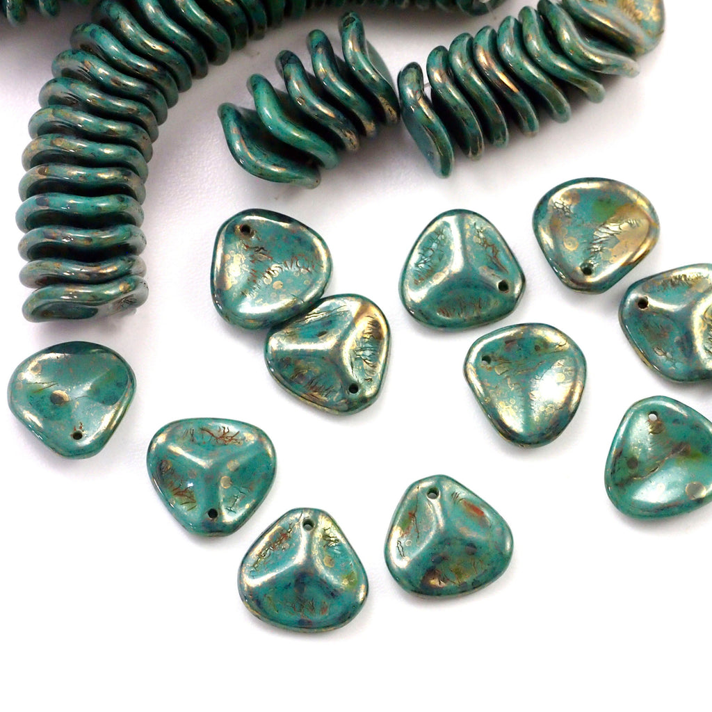 20 Turquoise Bronze Picasso Czech Rose Petal Beads Large 14mm X 13mm - 100% Guarantee