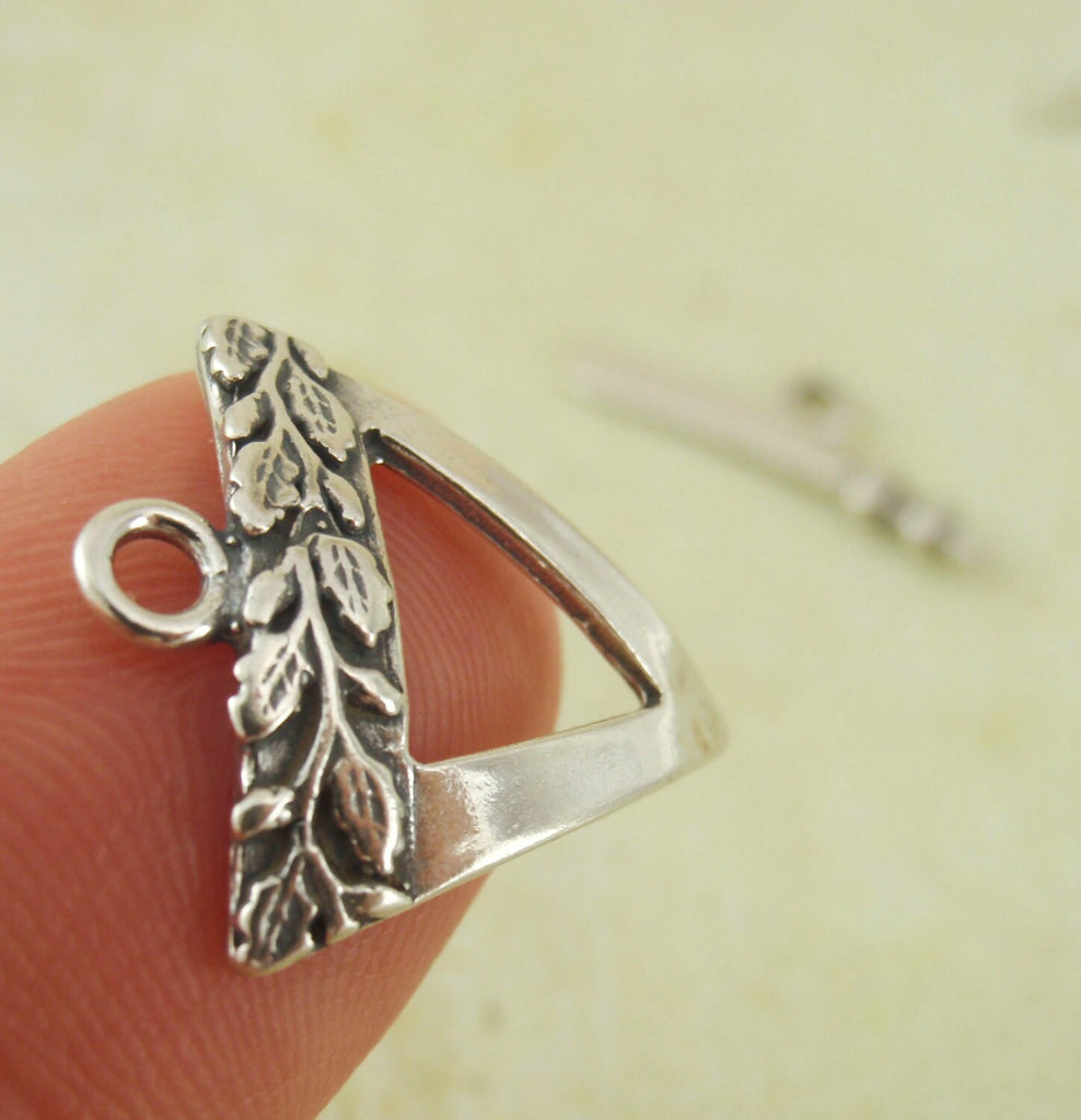 1 Antiqued Sterling Silver Toggle Clasp - Triangle with Leaf Relief - 16mm X 15mm