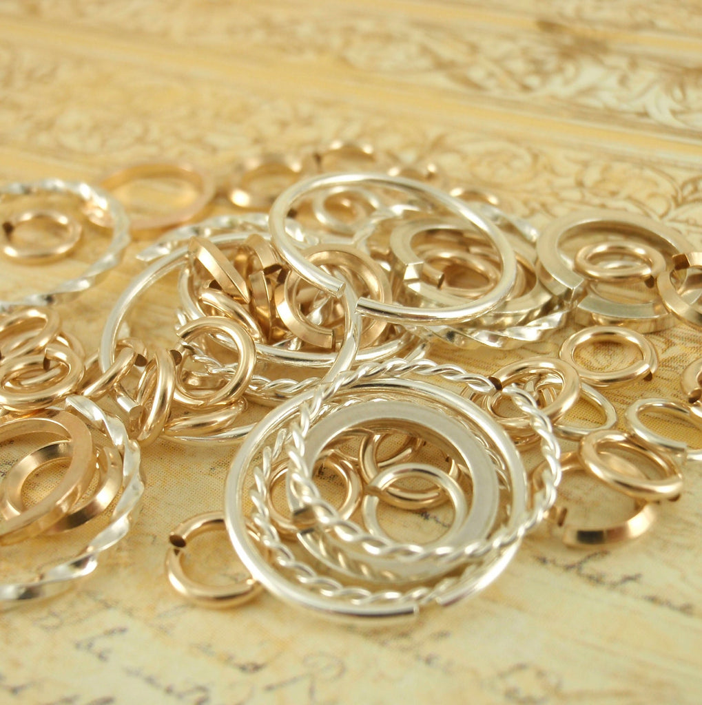 Deluxe Jump Ring Sampler 14kt Gold Filled and Sterling Silver - 1/8 or 1/4 ounce Square, Fancy and Round Links