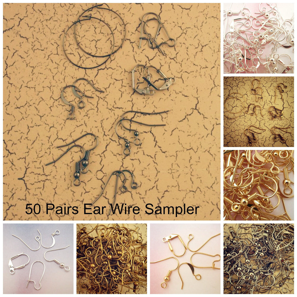 50 Pairs Ear Wires - Sample Pack of Lever Backs, Hoops, French and Kidney in Gold Plate, Silver Plate, Copper, Gunmetal or Antique Gold