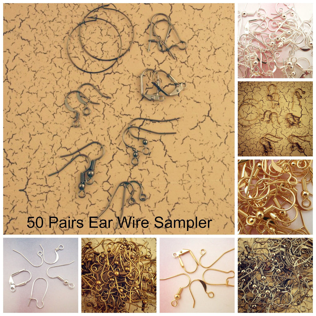 Ear Wires 50 Pairs Sample Pack of Lever Backs, Hoops, French and Kidney in Gold Plate, Silver Plate, Copper, Gunmetal or Antique Gold
