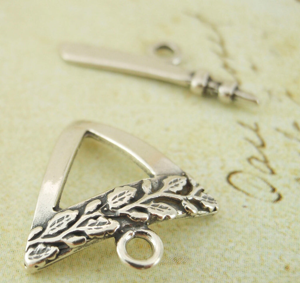 1 Antiqued Sterling Silver Toggle Clasp - Triangle with Leaf Relief - 16mm X 15mm