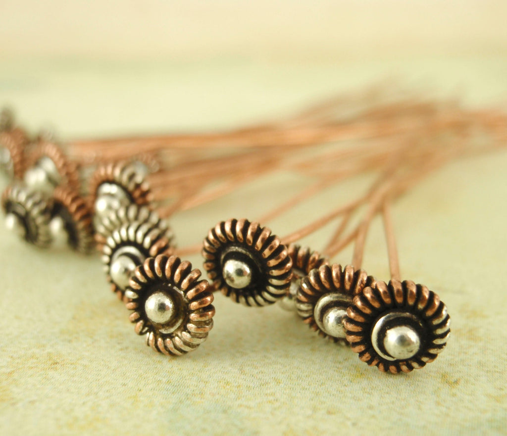 5 Fancy Antiqued Head Pins - Sterling Silver and Copper - 21 gauge - 2 inches Long - 5mm Round Beaded Head