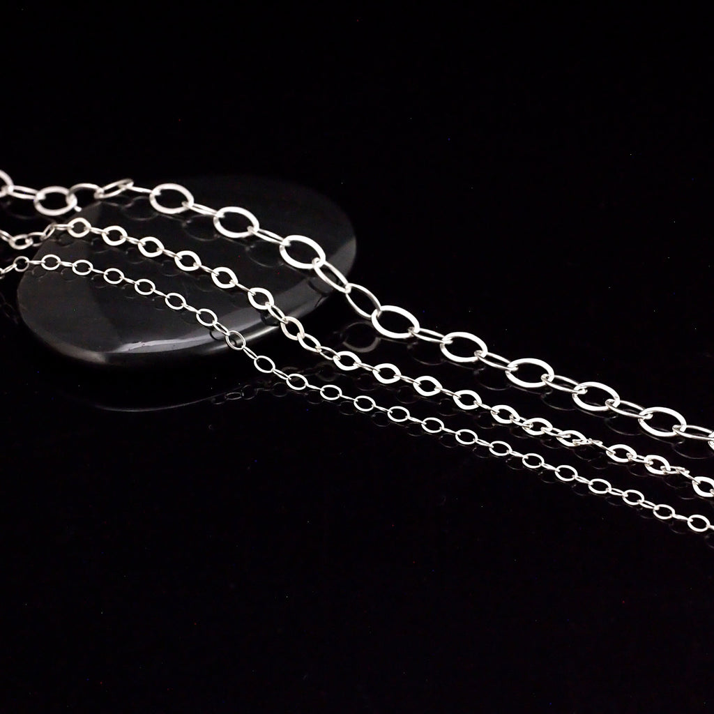 Sterling Silver Flat Oval Cable Chain - Any Length Finished with Clasp or By the Foot in 5 Widths 1.1mm, 1.4mm, 2.3mm, 3mm, 5.4mm