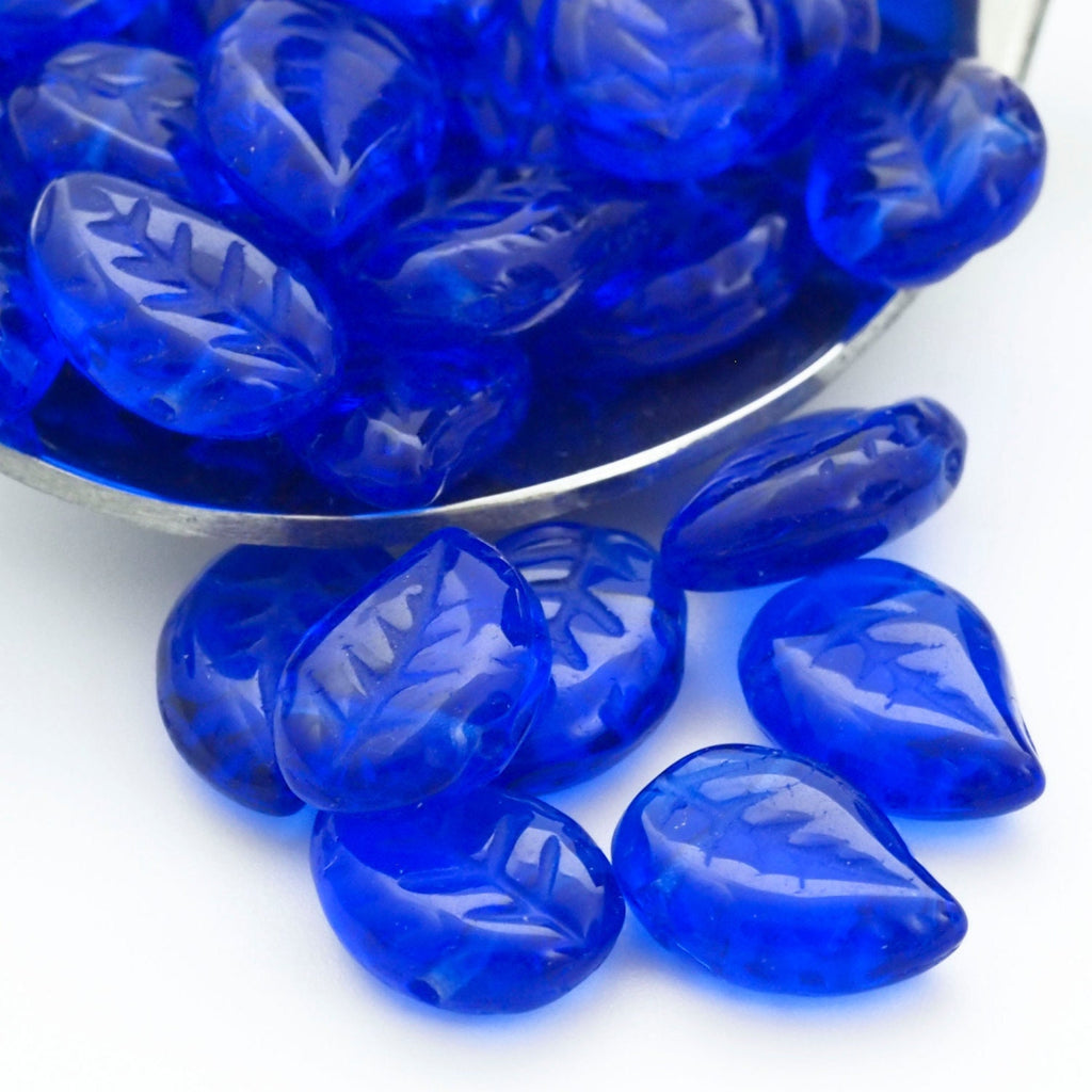 20 Deep Blue Sapphire Eucalyptus Leaves Beads - 12mm X 9mm - Czech Glass - 100% Guarantee