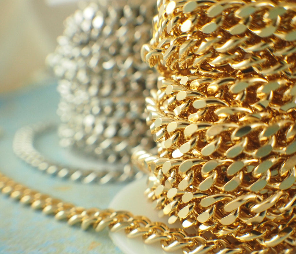 Diamond Cut Curb Chain - 6.8mm - 14kt Gold, 18kt Gold, or Rhodium Plated - You Pick Length - Made in the USA Chain