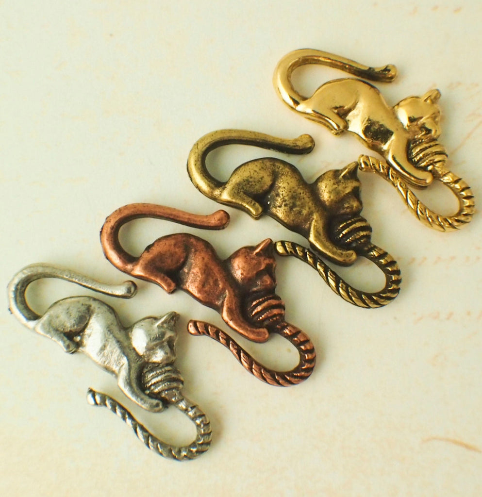 1 Cat S-Hook Clasp in Antique Copper, Antique Gold, Antique Silver or Gold Plated With 2 Matching Jump Rings - 100% Guarantee