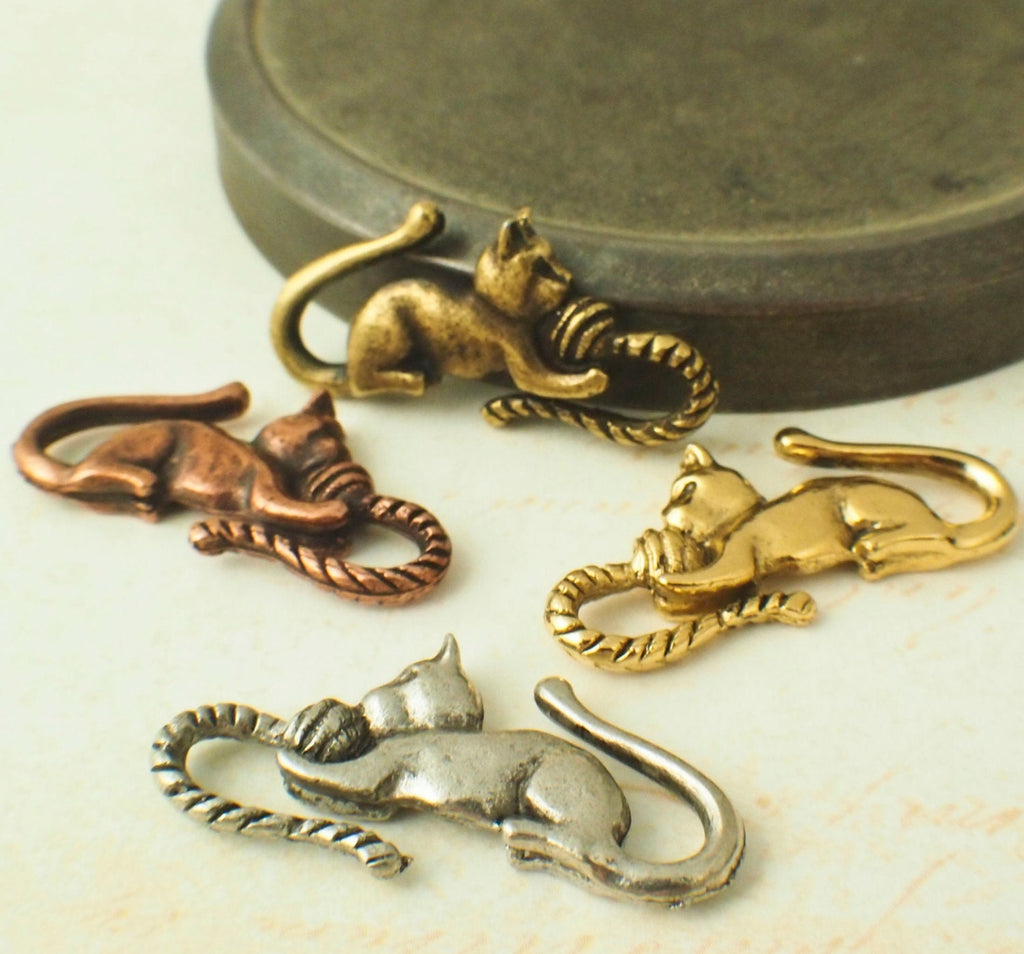 1 Cat S-Hook Clasp in Antique Copper, Antique Gold, Antique Silver or Gold Plated With 2 Matching Jump Rings - 100% Guarantee