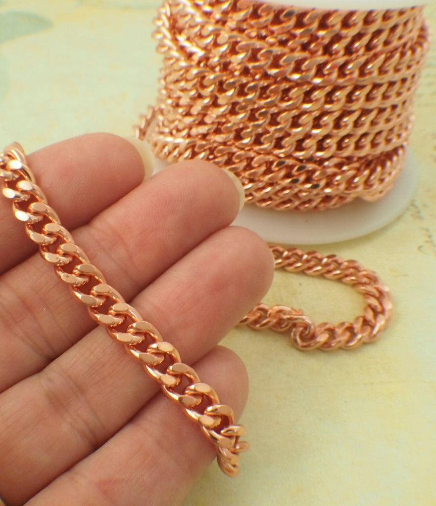 Solid Copper Diamond Cut Curb Chain 6.8mm Made in the USA - Any Length Finished or by the Foot and Bulk