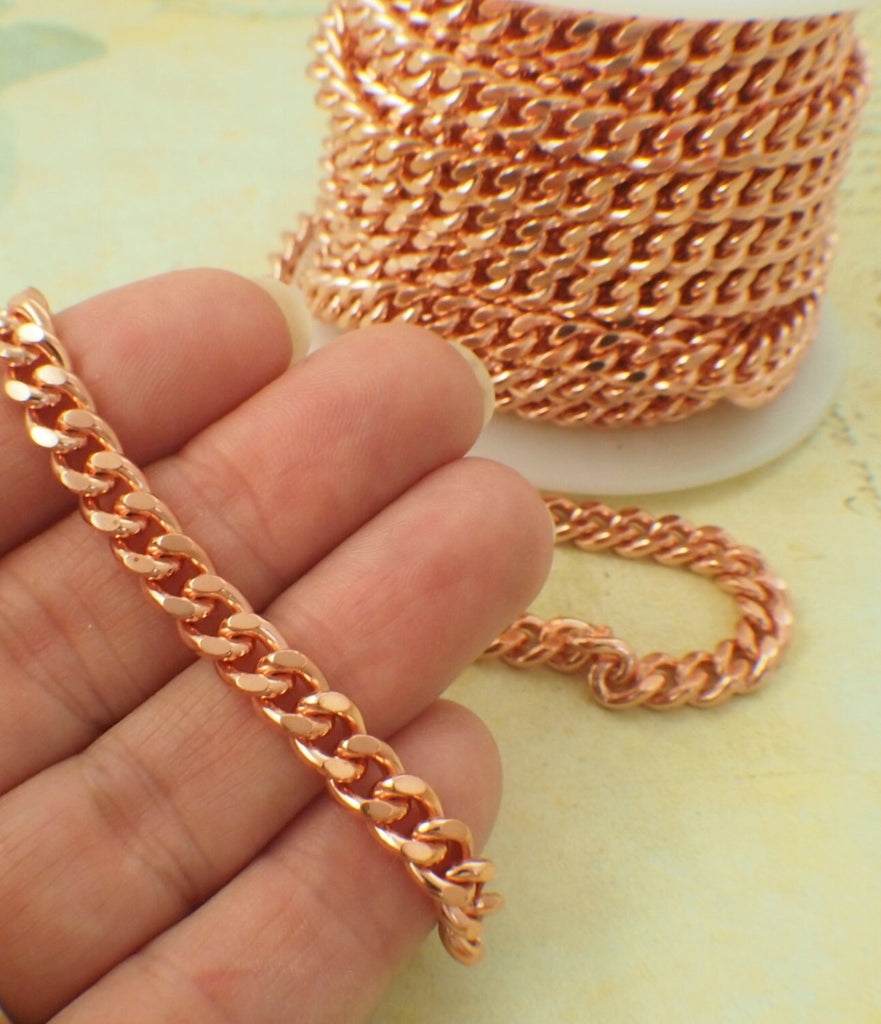 Solid Copper Diamond Cut Curb Chain 6.8mm Made in the USA - Any Length Finished or by the Foot Chain and Bulk