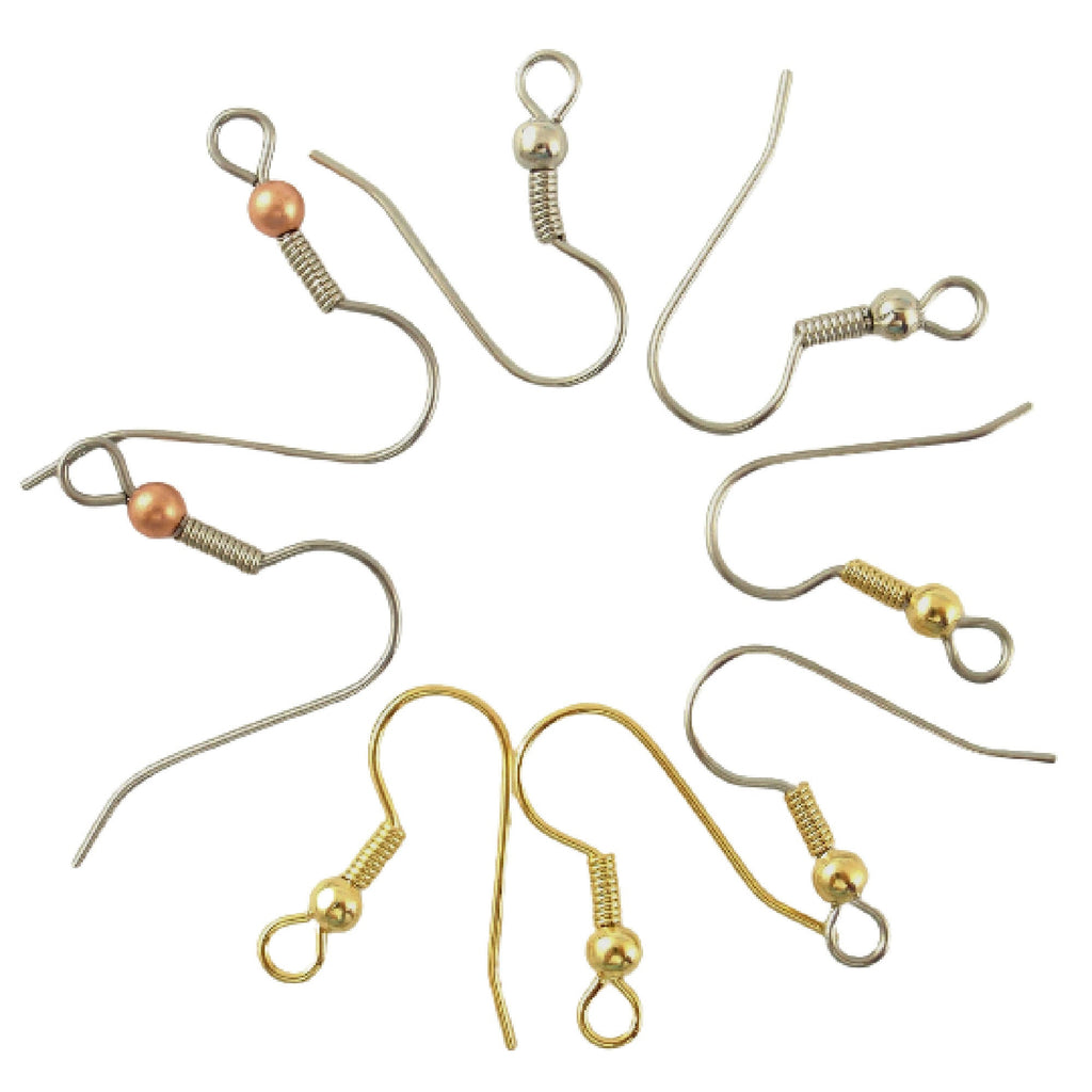 20 pairs - Basic Bead and Coil Ear Wires in Stainless Steel, Silver Plate, Gold Plate, Copper - 100% Guarantee