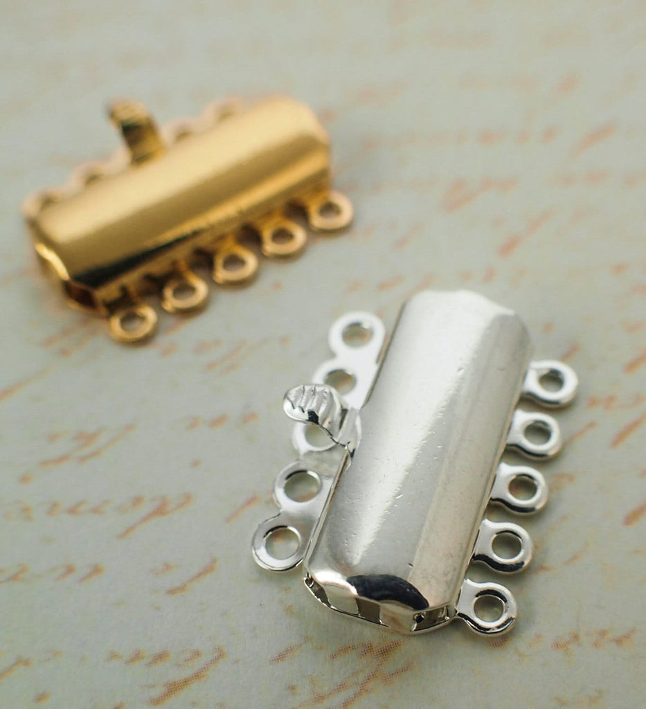 2 Stylish 5 Strand Secure Box Clasps - Silver or Gold Plated Brass - 19mm X 8mm - Best Commercially Made - 100% Guarantee