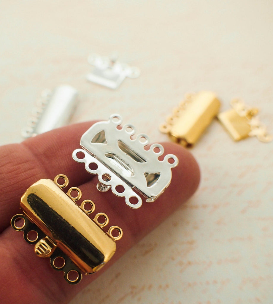 2 Stylish 5 Strand Secure Box Clasps - Silver or Gold Plated Brass - 19mm X 8mm - Best Commercially Made - 100% Guarantee