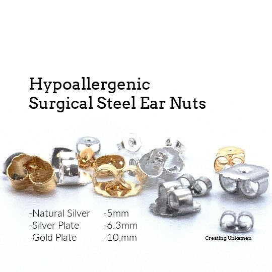 20 Pairs Hypoallergenic Surgical Steel Ear Nuts, Backs, Clutches - Small, Medium or Large - Natural Silver, Gold Plate, Silver Plate