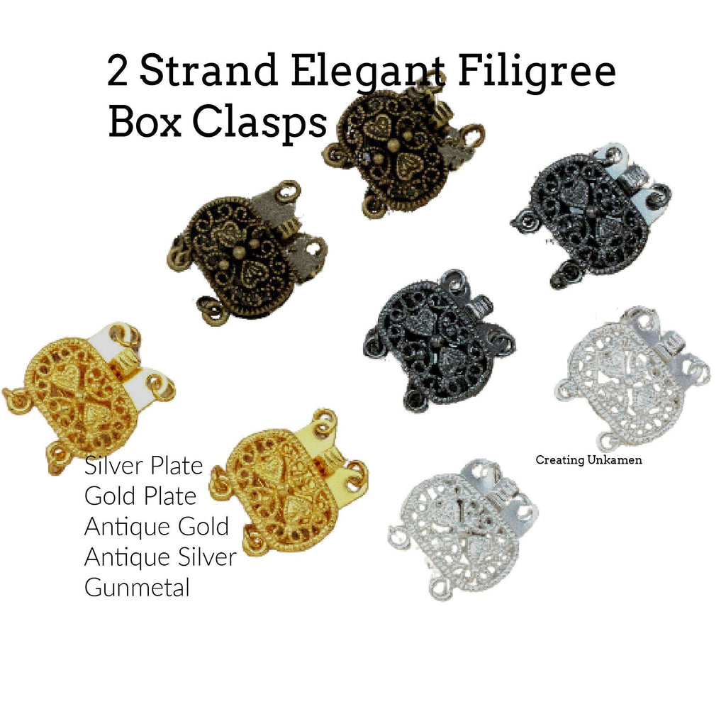 2 Strand Elegant Filigree Box Clasp - Gold Plate. Silver Plate. Gunmetal, Antique Gold, and Antique Silver